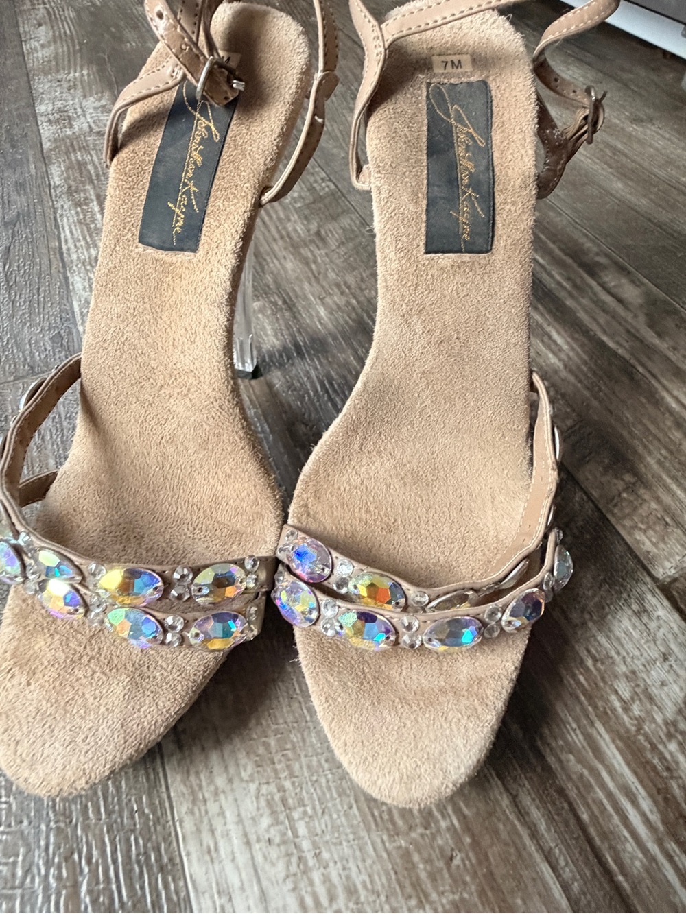 Crystal-Embellished Nude Heeled Sandals by Johnathan Kayne!